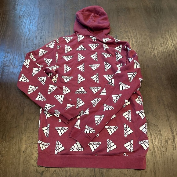 Adidas Hoodie Large burgundy Allover Logo Print Long Sleeve Kangaroo Pocket - Picture 3 of 3